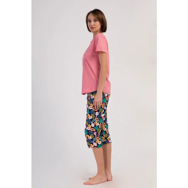 Kadın Süprem Pembe Desenli Kısa Kollu Kapri Pijama Takımı