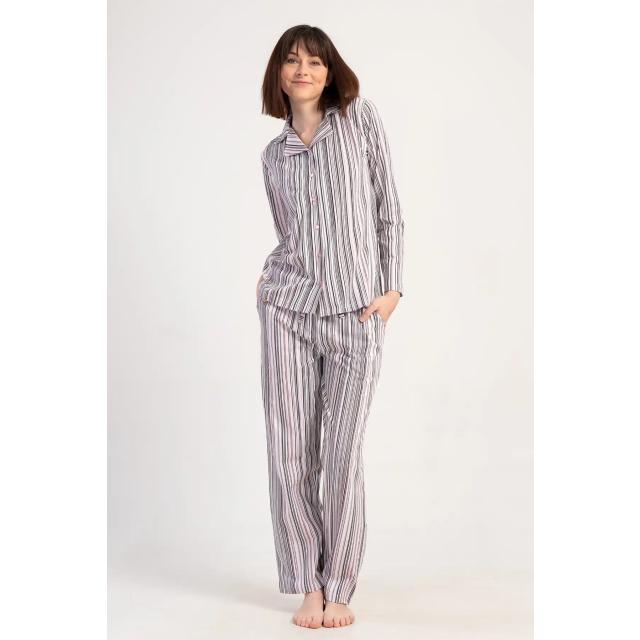 Kadın Süprem Pembe Gri Çizgili Uzun Kollu Gömlek Üst Pijama Takımı Kadın Süprem Pembe Gri Çizgili Uzun Kollu Gömlek Üst Pijama Takımı