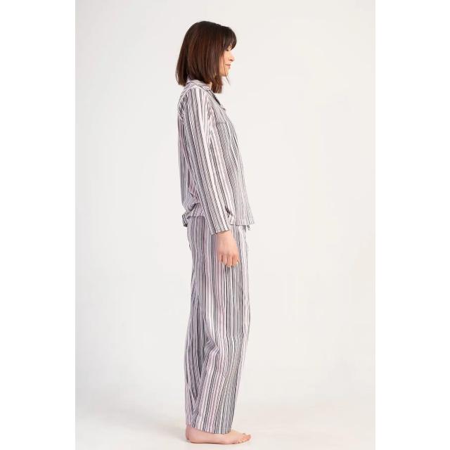 Kadın Süprem Pembe Gri Çizgili Uzun Kollu Gömlek Üst Pijama Takımı