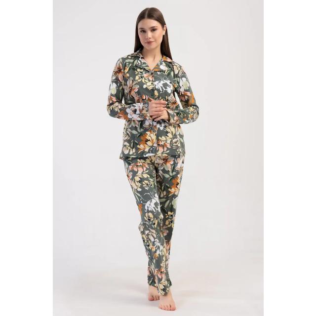 Kadın Süprem Yeşil Çiçek Desenli Gömlek Uzun Kollu Pijama Takımı Kadın Süprem Yeşil Çiçek Desenli Gömlek Uzun Kollu Pijama Takımı