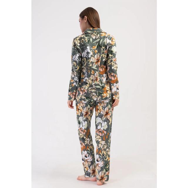 Kadın Süprem Yeşil Çiçek Desenli Gömlek Uzun Kollu Pijama Takımı