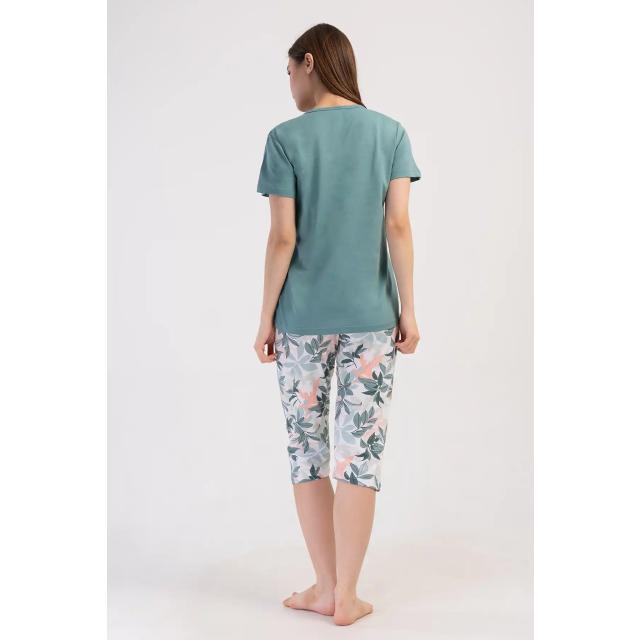 Kadın Süprem Yeşil Desenli Önü Düğmeli Kapri Pijama Takım