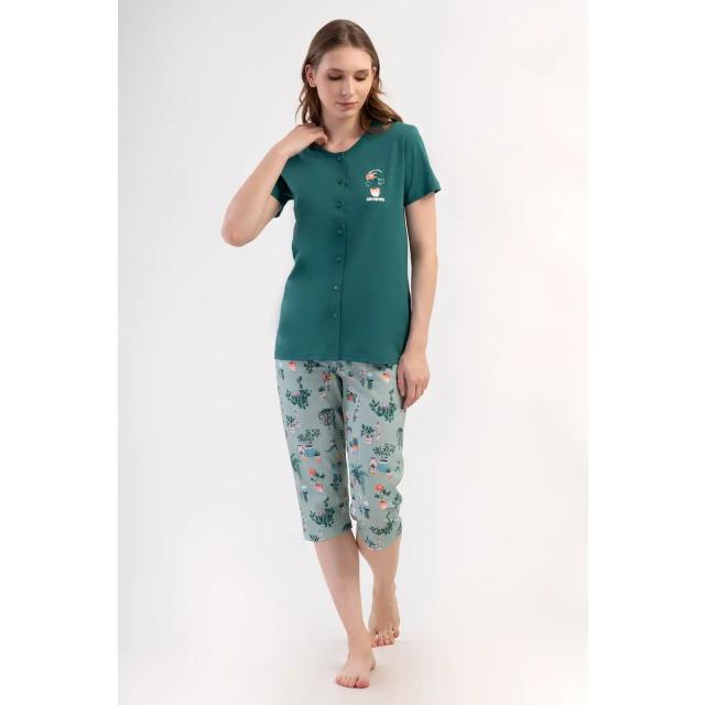 Kadın Süprem Yeşil Kısa Kollu Düğmeli Kapri Pijama Takım Kadın Süprem Yeşil Kısa Kollu Düğmeli Kapri Pijama Takım