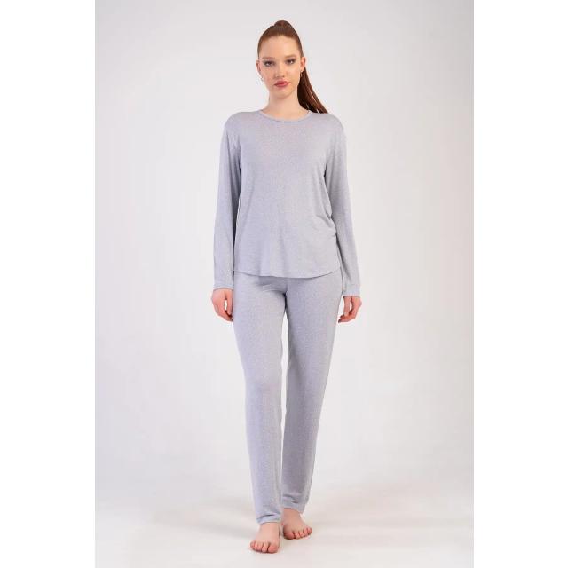 Kadın Viskon Gri Uzun Kollu Pijama Takım Kadın Viskon Gri Uzun Kollu Pijama Takım