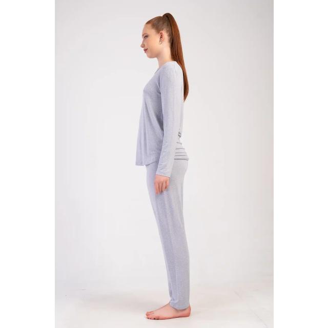 Kadın Viskon Gri Uzun Kollu Pijama Takım
