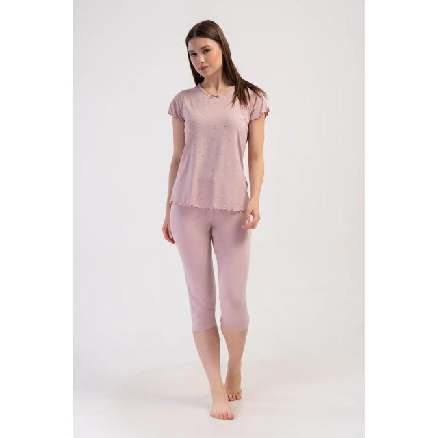 Kadın Viskon Pembe V Yaka Desenli Kapri Pijama Takım Kadın Viskon Pembe V Yaka Desenli Kapri Pijama Takım