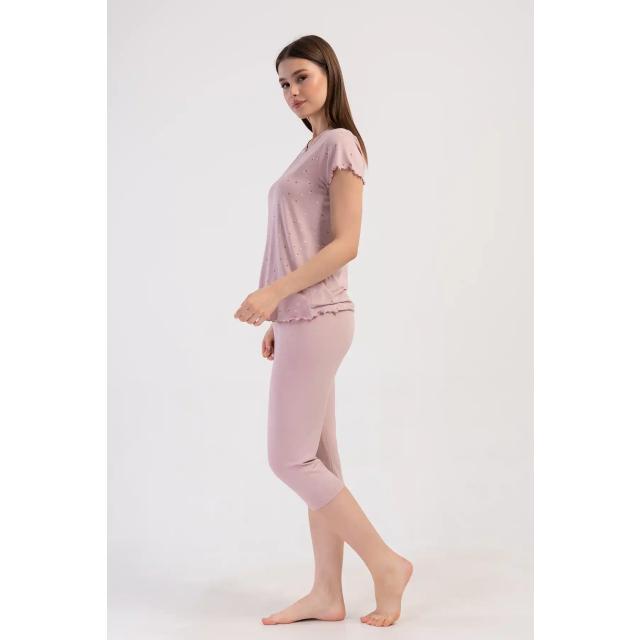 Kadın Viskon Pembe V Yaka Desenli Kapri Pijama Takım