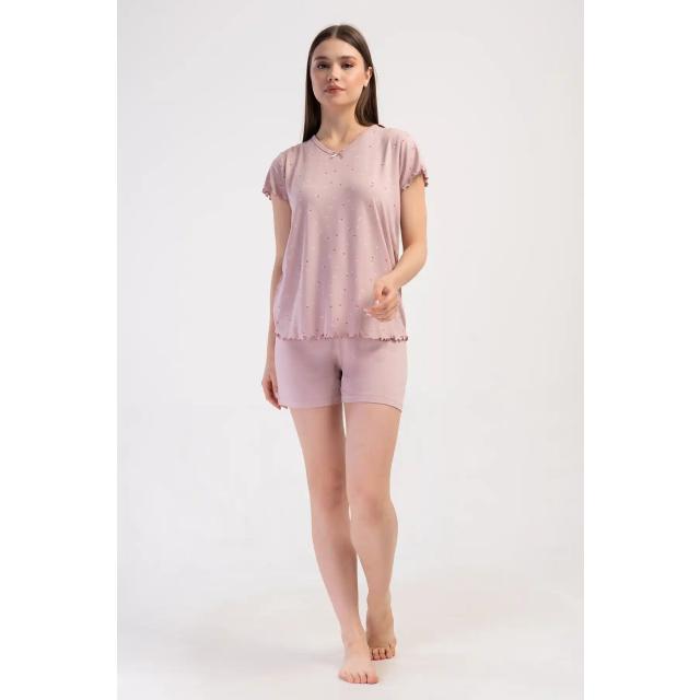 Kadın Viskon Pembe V Yaka Desenli Şortlu Pijama Takım Kadın Viskon Pembe V Yaka Desenli Şortlu Pijama Takım