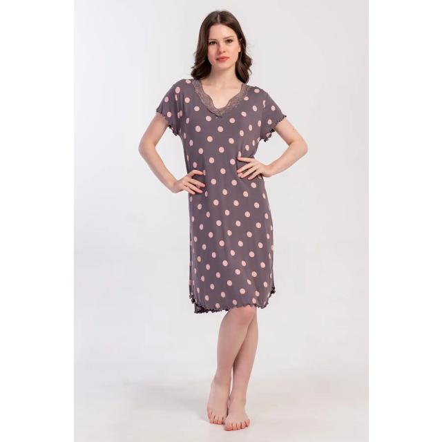 Kadın Viskon V Yaka Dantel Detaylı Puantiyeli Füme Tunik Pijama