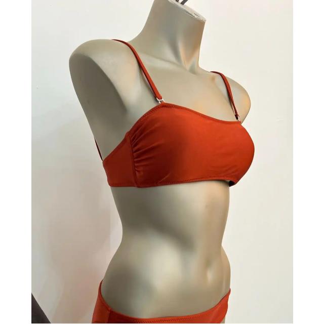 Kahverengi Kare Yaka Askılı Düz Bikini Üstü