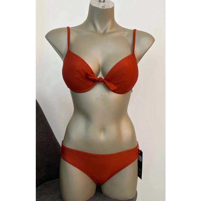 Kurdele Detaylı Kahverengi İnce Askılı Düz Bikini Takımı