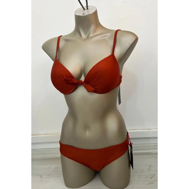Kurdele Detaylı Kahverengi İnce Askılı Düz Bikini Takımı