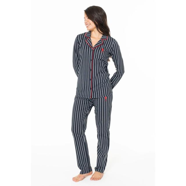 Lacivert Çizgili Kadın Uzun Kollu Gömlek Yaka Pijama Takımı U.S. Polo Assn.