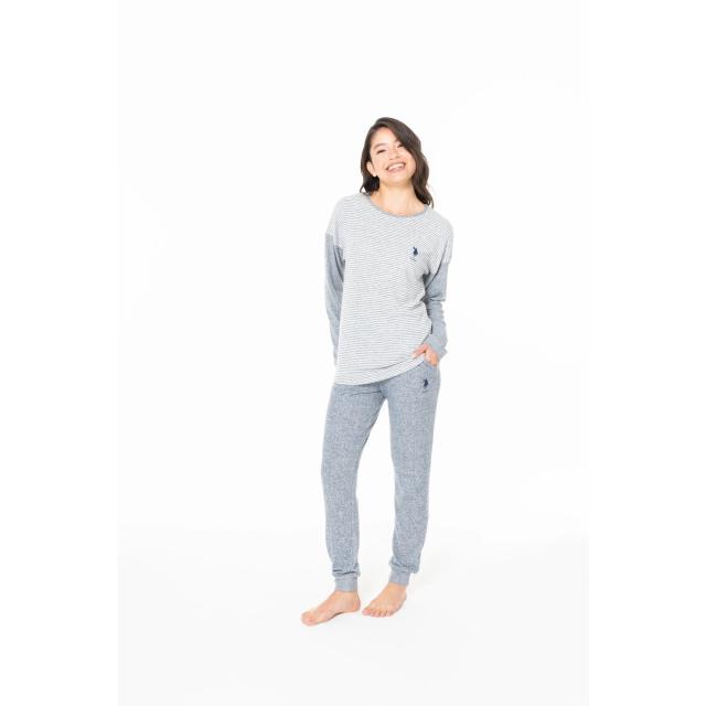 Lacivert Melanj Pamuklu Kadın Uzun Kollu Bisiklet Yaka Çizgili Pijama Takımı U.S. Polo Assn.