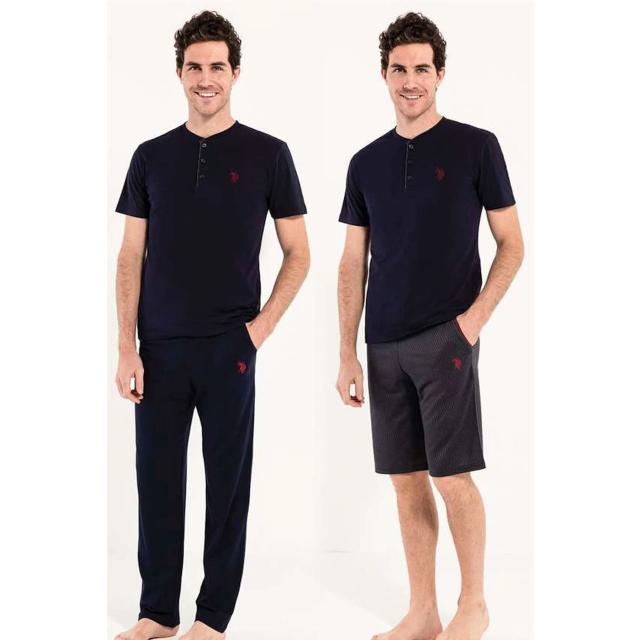 Lacivert Pamuklu Düğmeli Yaka Kısa Kollu Erkek 3'lü Pijama Takımı U.S. Polo Assn. Lacivert Pamuklu Düğmeli Yaka Kısa Kollu Erkek 3'lü Pijama Takımı U.S. Polo Assn.
