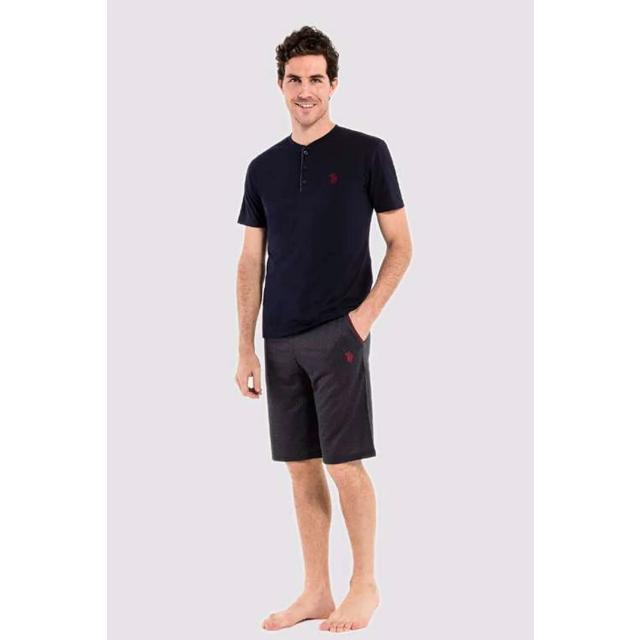 Lacivert Pamuklu Düğmeli Yaka Kısa Kollu Erkek 3'lü Pijama Takımı U.S. Polo Assn.