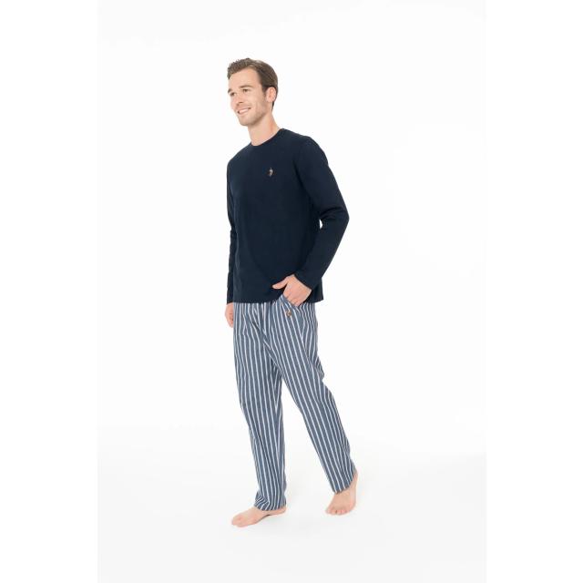 Lacivert Pamuklu Erkek Uzun Kollu Bisiklet Yaka Çizgili Pijama Takımı U.S. Polo Assn.