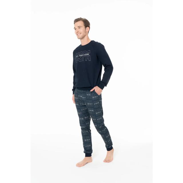 Lacivert Pamuklu Erkek Uzun Kollu Bisiklet Yaka Logo Baskılı Desenli Ev Giyim Takımı U.S. Polo Assn.