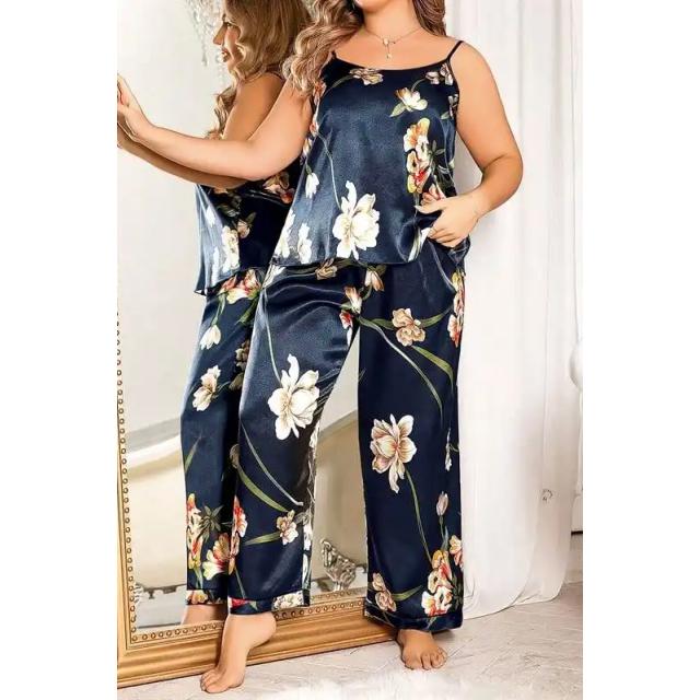Lacivert Saten İp Askılı Çiçek Desenli Kadın 2 li Pijama Takımı Lacivert Saten İp Askılı Çiçek Desenli Kadın 2 li Pijama Takımı