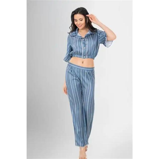 Mavi Çizgili Saten Kısa Kollu Kadın Pijama Takımı
