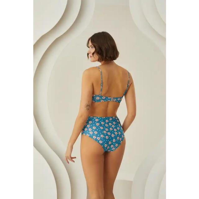Mavi İnce Askılı Çiçek Desenli Yüksek Bel Kadın Bikini Takımı 