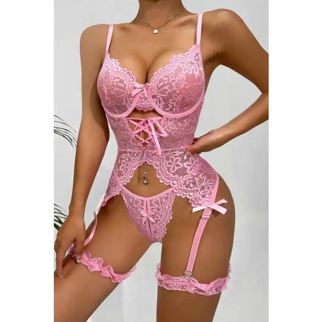 Pembe Dantel İnce Askılı Bağcık Detaylı Kadın Jartiyer Takımı