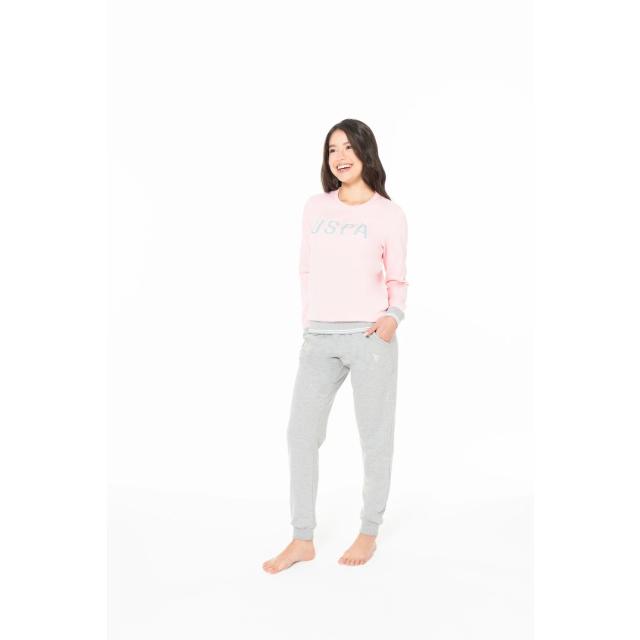 Pembe Gri Pamuklu Kadın Bisiklet Yaka Uzun Kollu Pijama Takımı U.S. Polo Assn. 