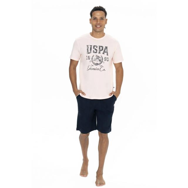Pembe Pamuklu Baskılı Bisiklet Yaka Kısa Kollu Erkek Şortlu Pijama Takımı U.S. Polo Assn.