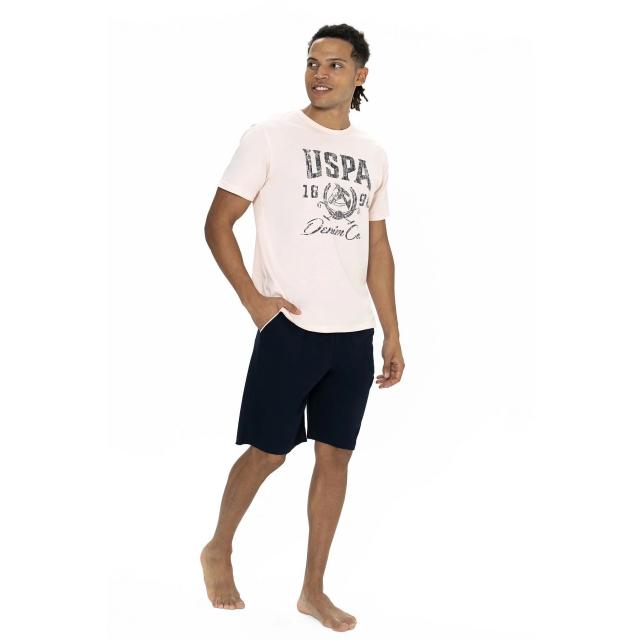 Pembe Pamuklu Baskılı Bisiklet Yaka Kısa Kollu Erkek Şortlu Pijama Takımı U.S. Polo Assn.