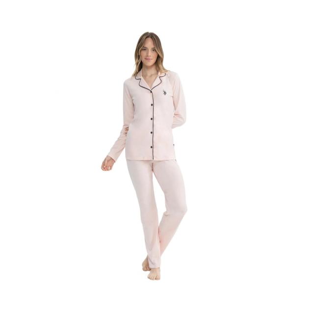 Pembe Pamuklu Düğmeli Gömlek Yaka Biyeli Kadın Pijama Takımı U.S. Polo Assn.