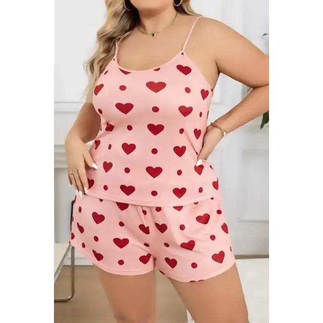 Pembe Pamuklu İnce Askılı Kalp Desenli Bayan Büyük Beden Şortlu Pijama Takımı Pembe Pamuklu İnce Askılı Kalp Desenli Bayan Büyük Beden Şortlu Pijama Takımı