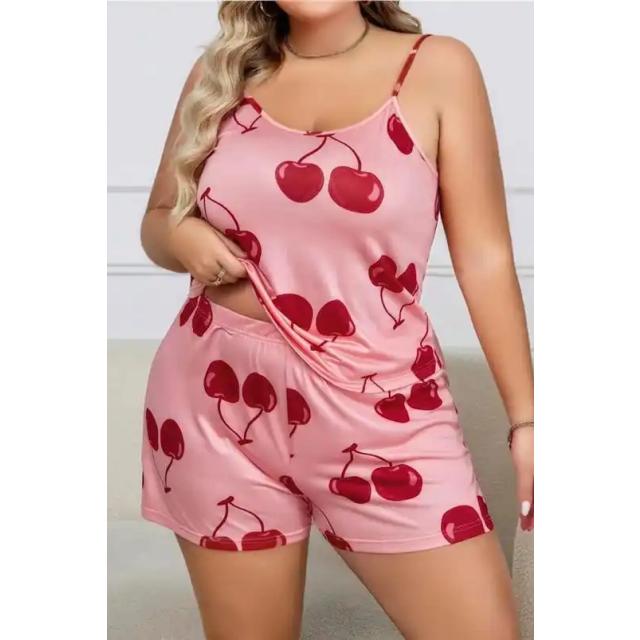 Pembe Pamuklu İnce Askılı Kiraz Desenli Büyük Beden Bayan Şortlu Pijama Takımı Pembe Pamuklu İnce Askılı Kiraz Desenli Büyük Beden Bayan Şortlu Pijama Takımı