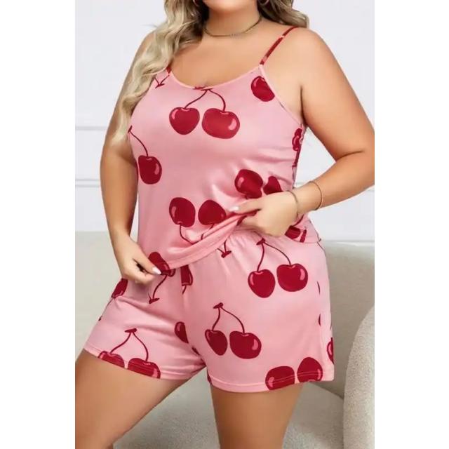 Pembe Pamuklu İnce Askılı Kiraz Desenli Büyük Beden Bayan Şortlu Pijama Takımı