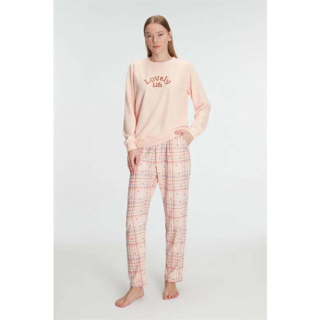 Pudra Pamuklu Uzun Kollu Ekose Desenli Kadın Pijama Takımı Pudra Pamuklu Uzun Kollu Ekose Desenli Kadın Pijama Takımı