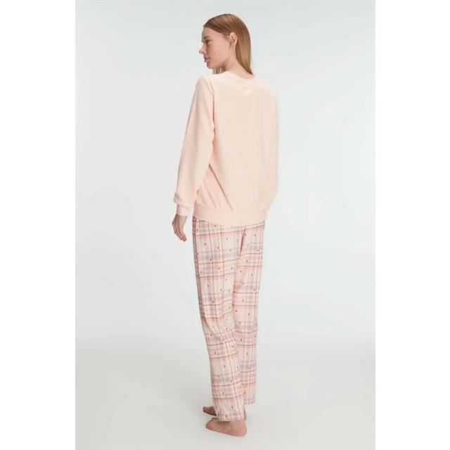 Pudra Pamuklu Uzun Kollu Ekose Desenli Kadın Pijama Takımı