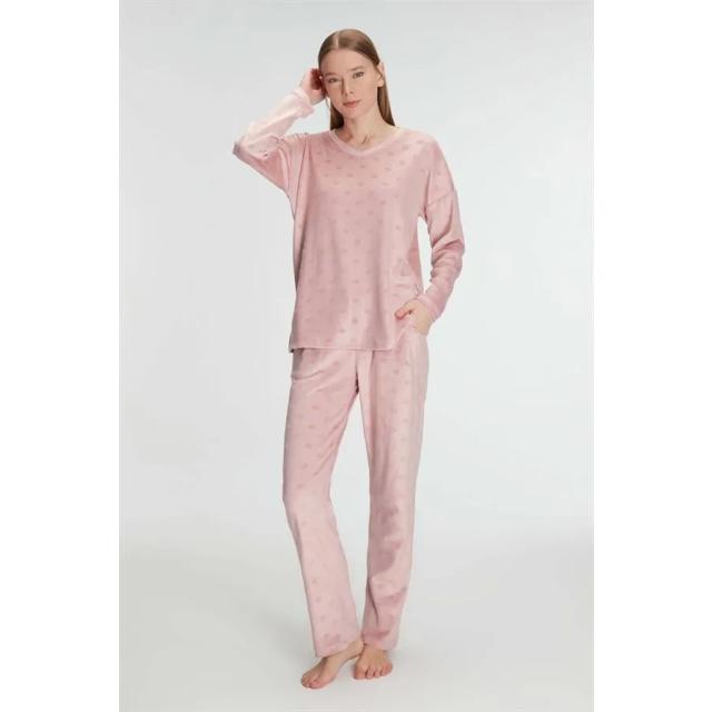 Pudra Pamuklu Uzun Kollu V Yaka Puantiye Desenli Kadın Pijama Takımı Pudra Pamuklu Uzun Kollu V Yaka Puantiye Desenli Kadın Pijama Takımı