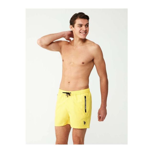 Sarı Polyester Fermuar Cepli Logo Şerit Detaylı Bağcıklı Erkek Orta Boy Deniz Şortu U.S. Polo Assn.