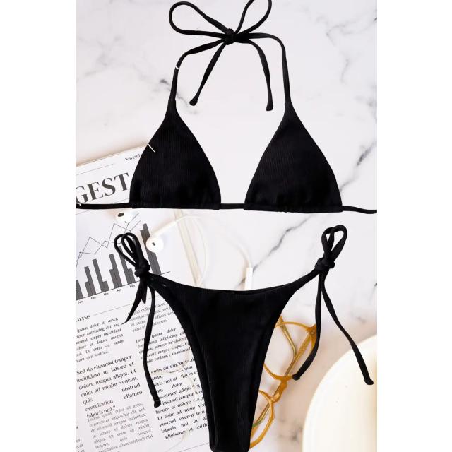 Siyah İp Bağlamalı Üçgen Bikini Takım 
