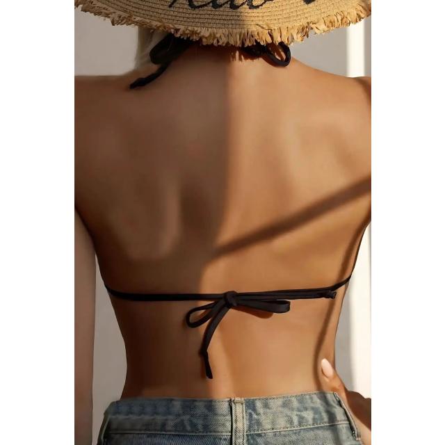 Siyah İp Bağlamalı Üçgen Bikini Üstü