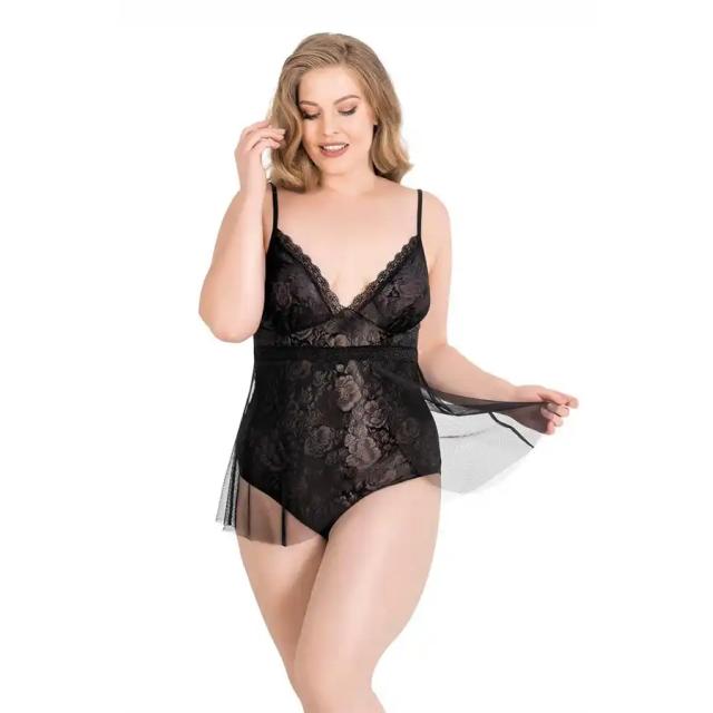 Siyah Jakarlı Büyük Beden Bodysuit Gecelik