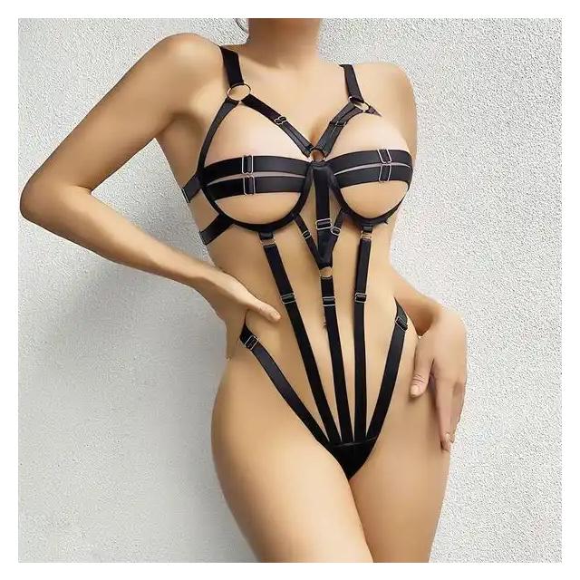 Siyah Lastik Fantezi Kadın Body Harness