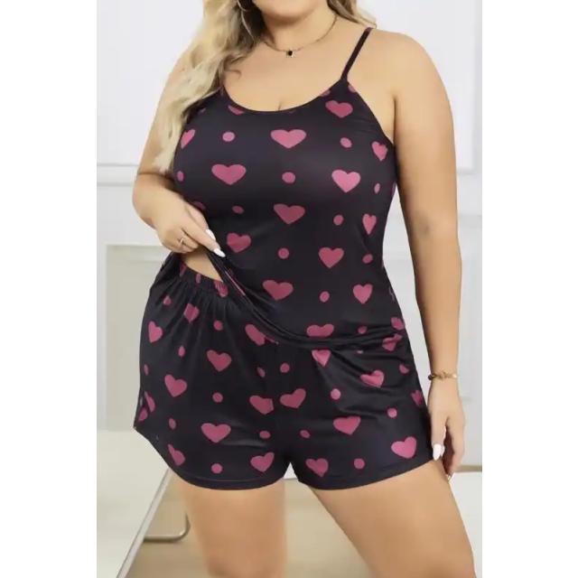 Siyah Pamuklu İnce Askılı Kalp Desenli Şortlu Pijama Takımı Büyük Beden