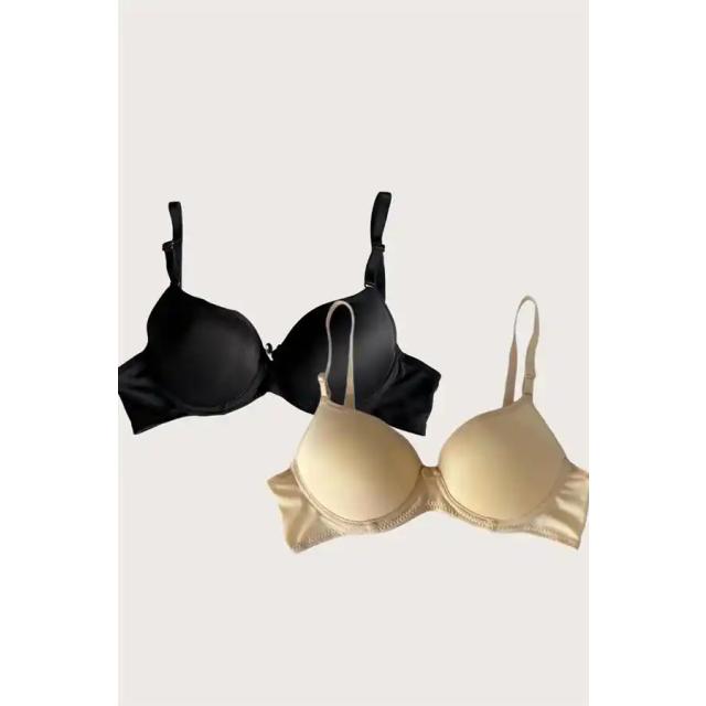 Siyah Ten Ayarlanabilir Askılı Push Up Dolgulu Balenli Kadın Sütyen 2 li Set 
