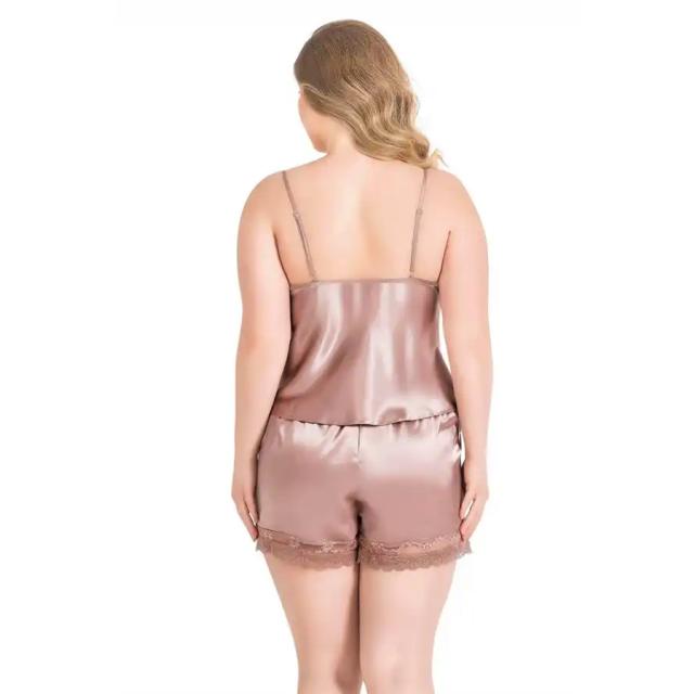 Vizon Saten Dantelli Büyük Beden Babydoll Şort Takımı